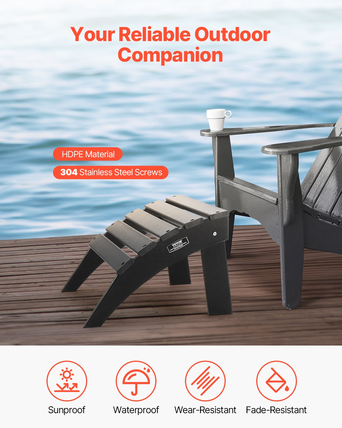 Folding Outdoor Ottoman Footrest for Adirondack Chairs - Black, 18.7x19.7x13 Inches