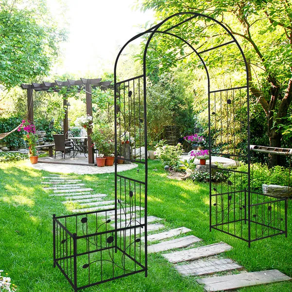 Metal Garden Arch with Plant Stands - 79.5" Wide x 86.6" High - Black