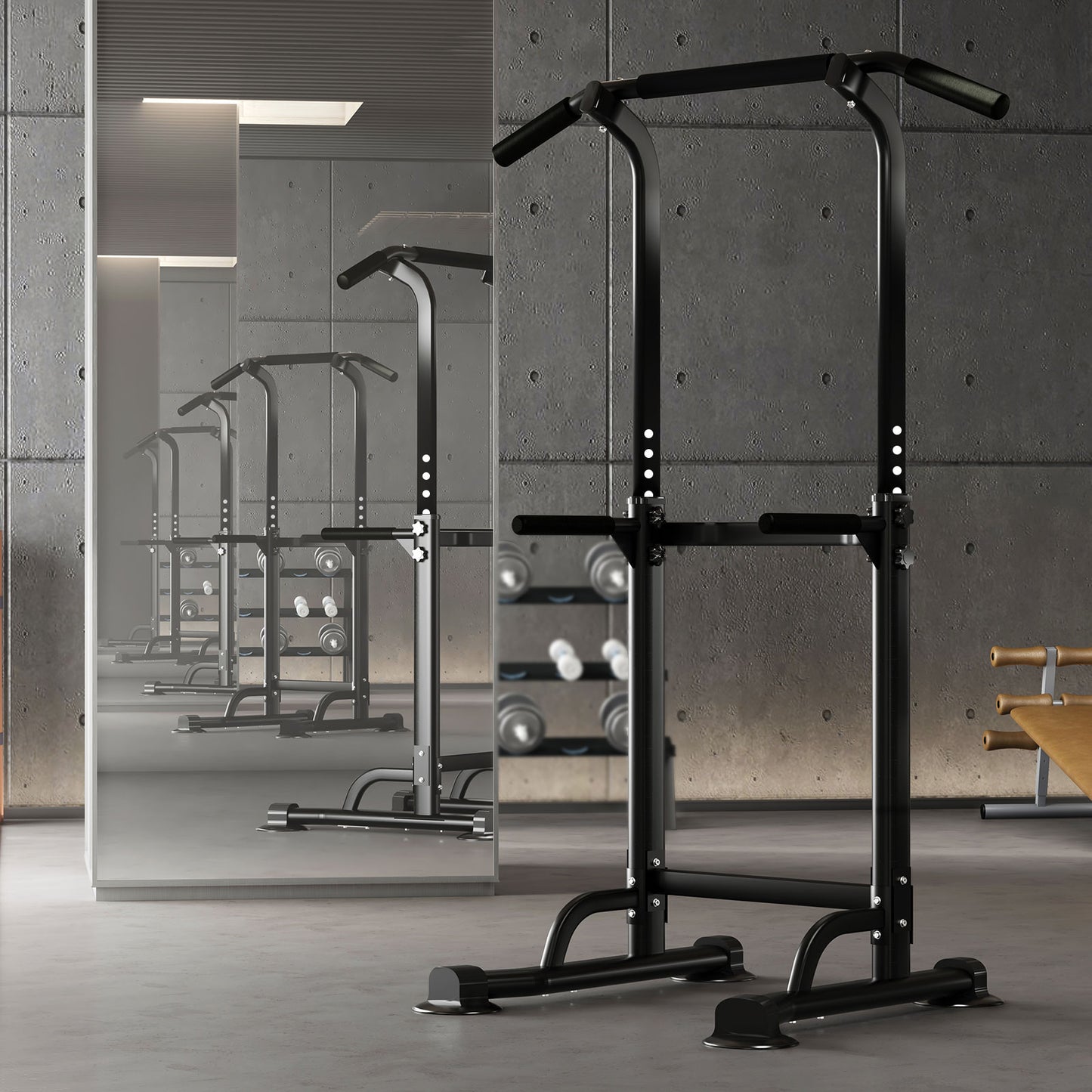Adjustable Power Tower Pull Up Bar & Dip Station for Home Gym - Black