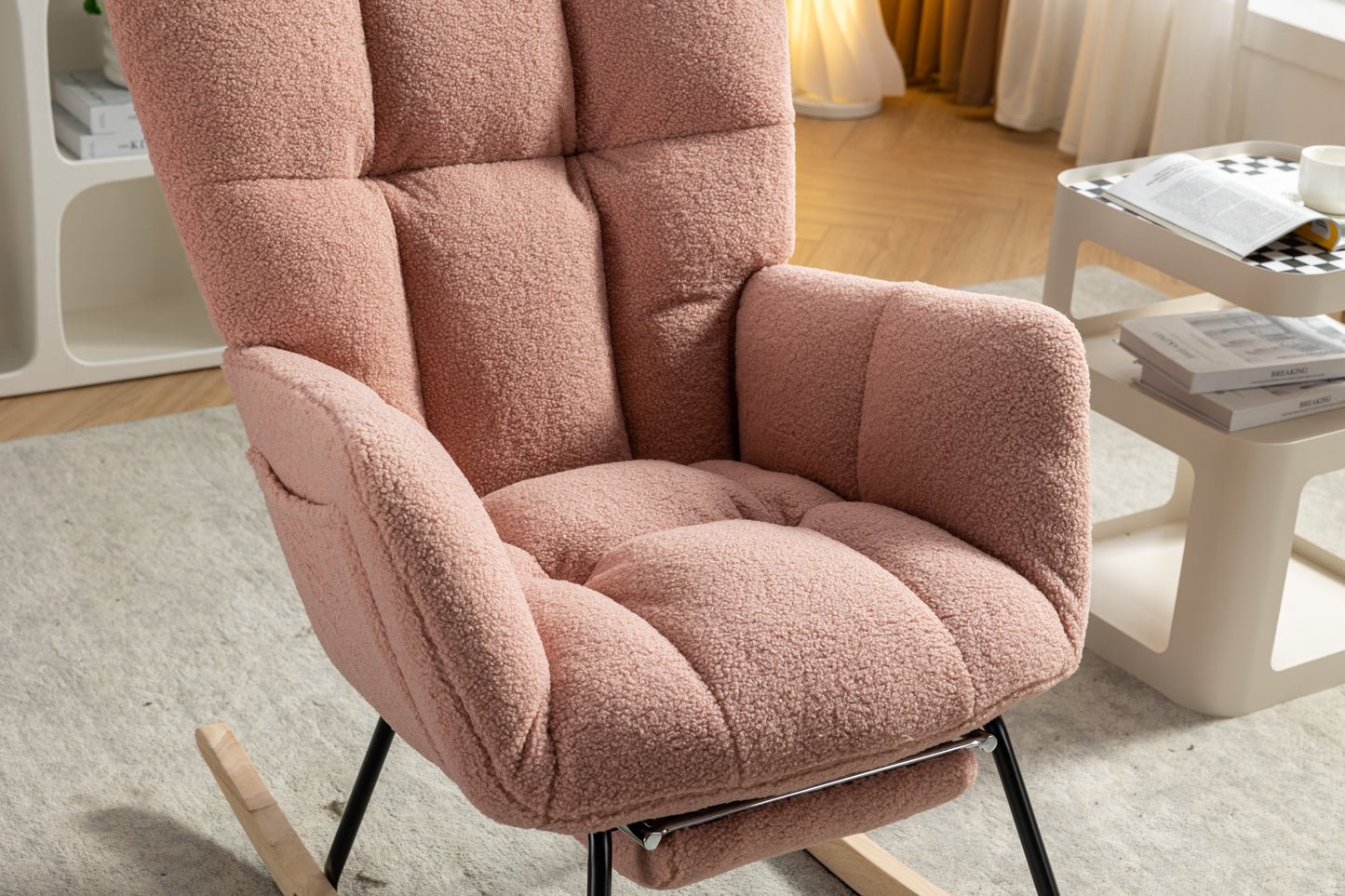 Pink Teddy Fabric Rocking Chair with Adjustable Footstool