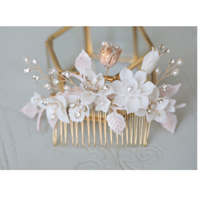Ceramic Flower White Rhinestone Hair Comb