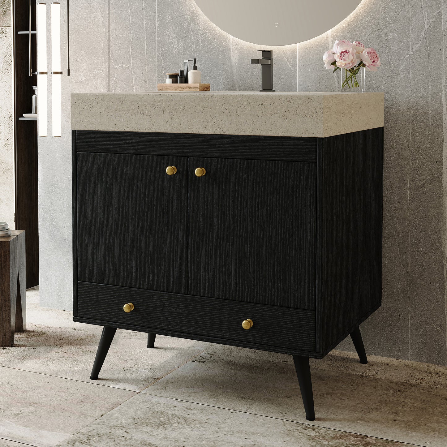 Contemporary Free-standing Bathroom Vanity with Faux Marble Top, 30" Ceramic Sink & Double Door Storage Cabinet