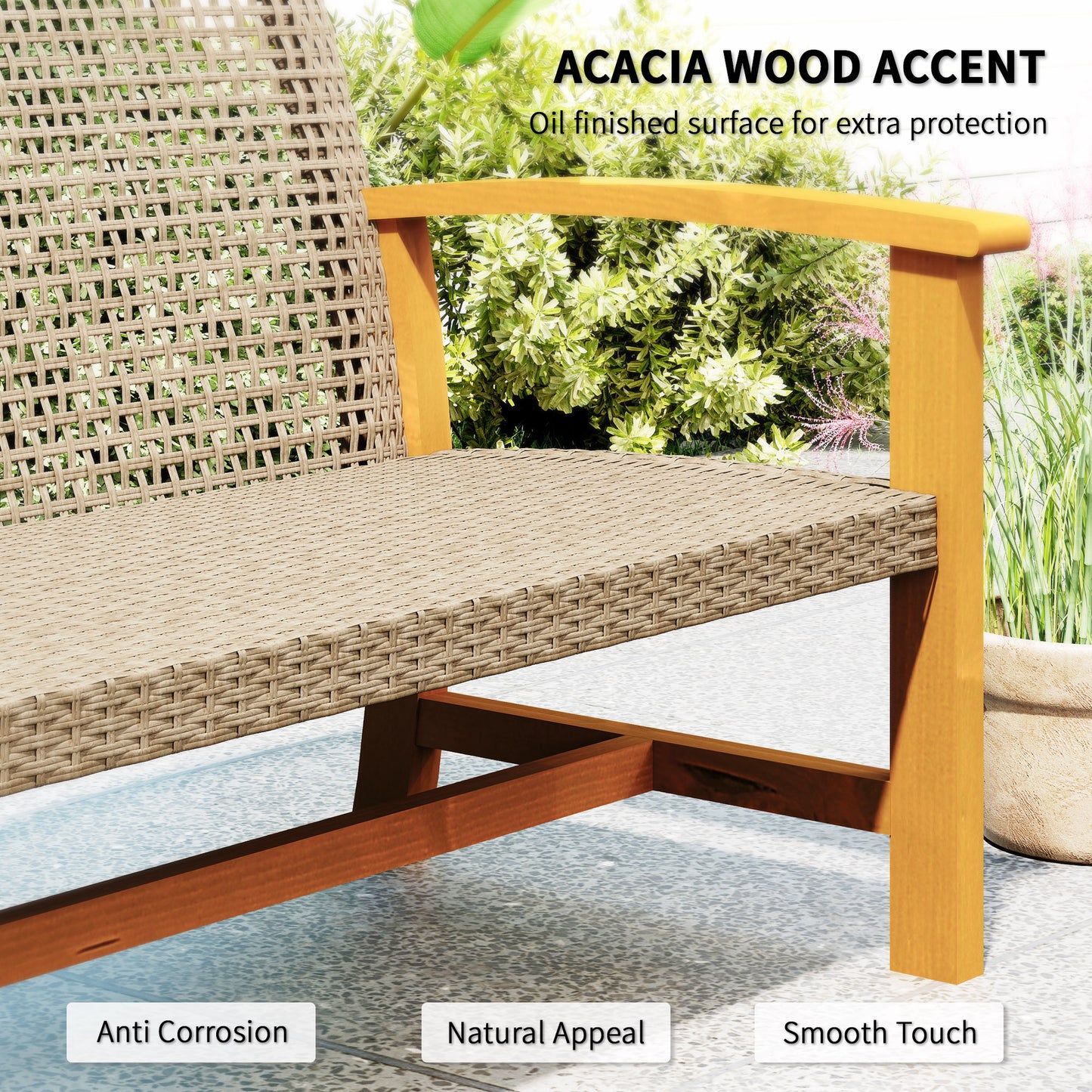 3-Seat Outdoor Wicker Sofa - Acacia Wood & Steel Frame, Teak