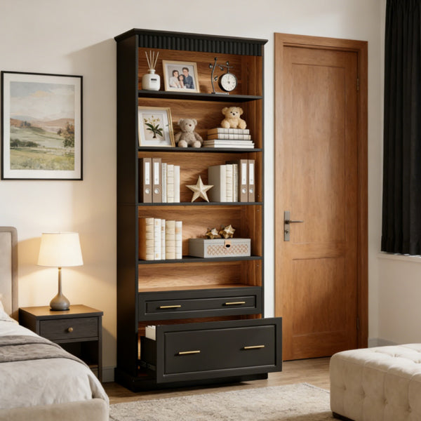 Tall White Bookshelf with Drawers - Modern Home Office Storage