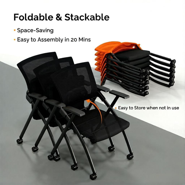Stackable Folding Office Chair with Wheels - Ergonomic Padded Seat, 350lbs Capacity, Orange
