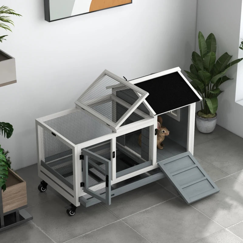 Wooden Rabbit Hutch with Wheels and Run - Small Animal Cage with Slide-Out Tray