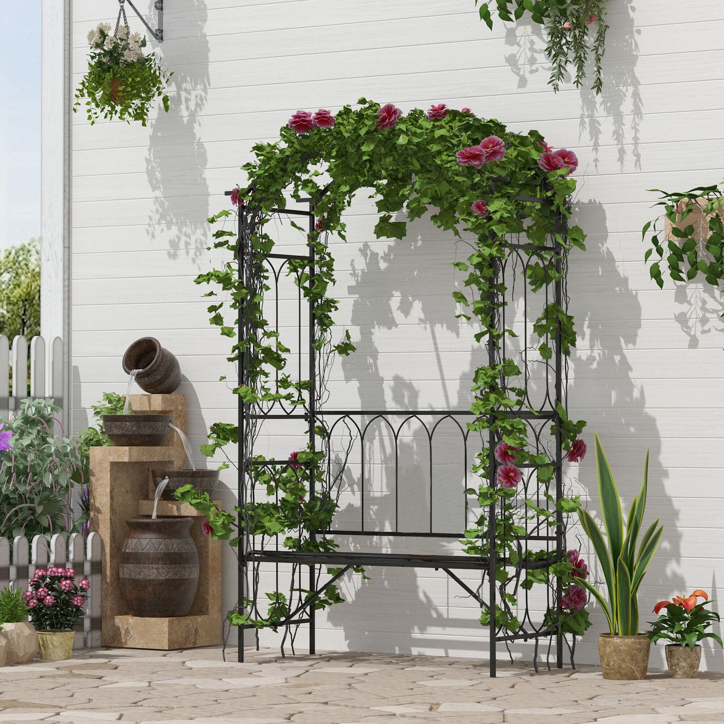 Garden Arbor Arch with Bench for Climbing Plants - Black
