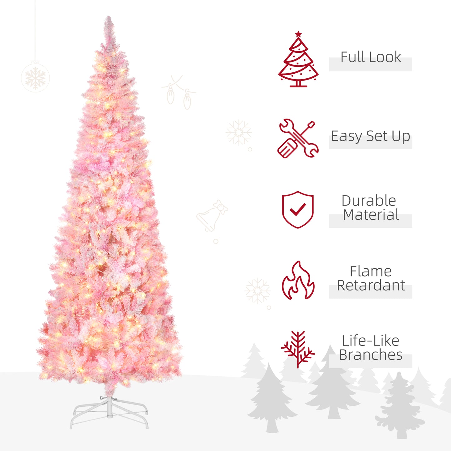 7.5ft Prelit Snow Flocked Pink Pencil Christmas Tree with LED Lights