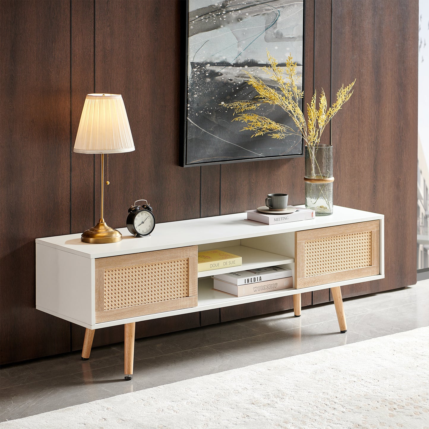 55.12" Rattan TV Cabinet with Sliding Doors & Adjustable Shelf - White