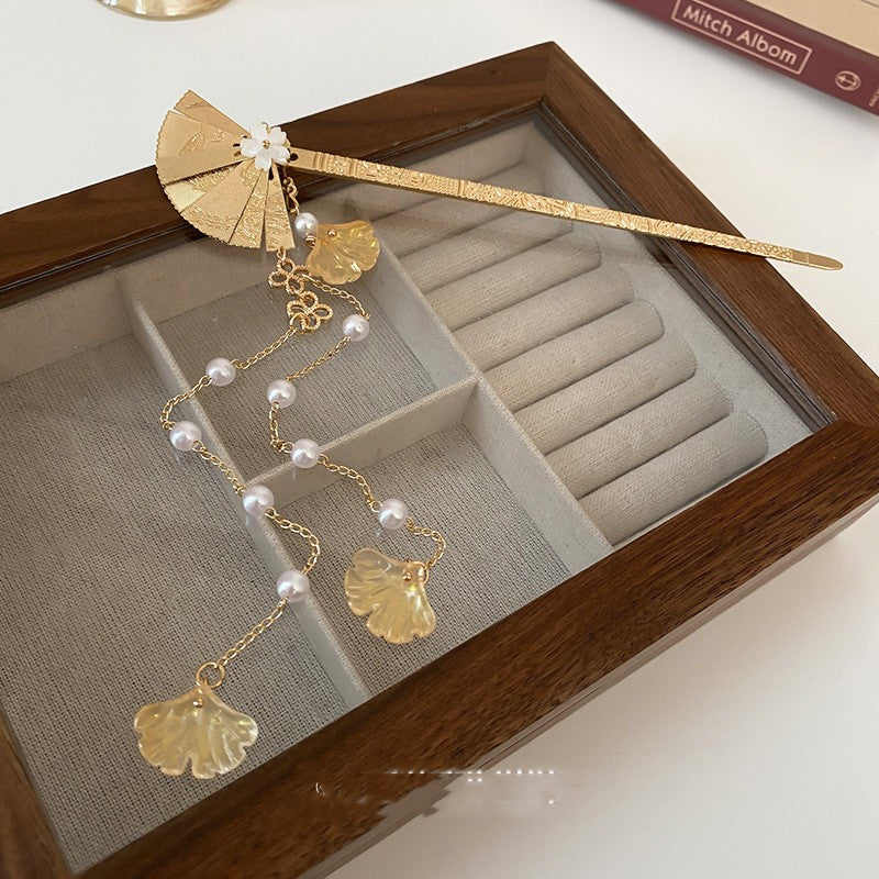 Pearl Inlaid Fan-Shaped Hairpin - Gold
