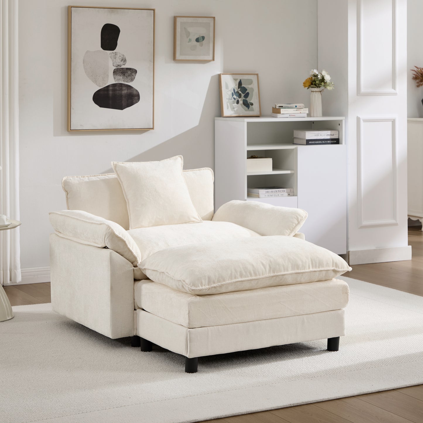 Modern Chenille Accent Chair with Ottoman - Beige Upholstered Armchair