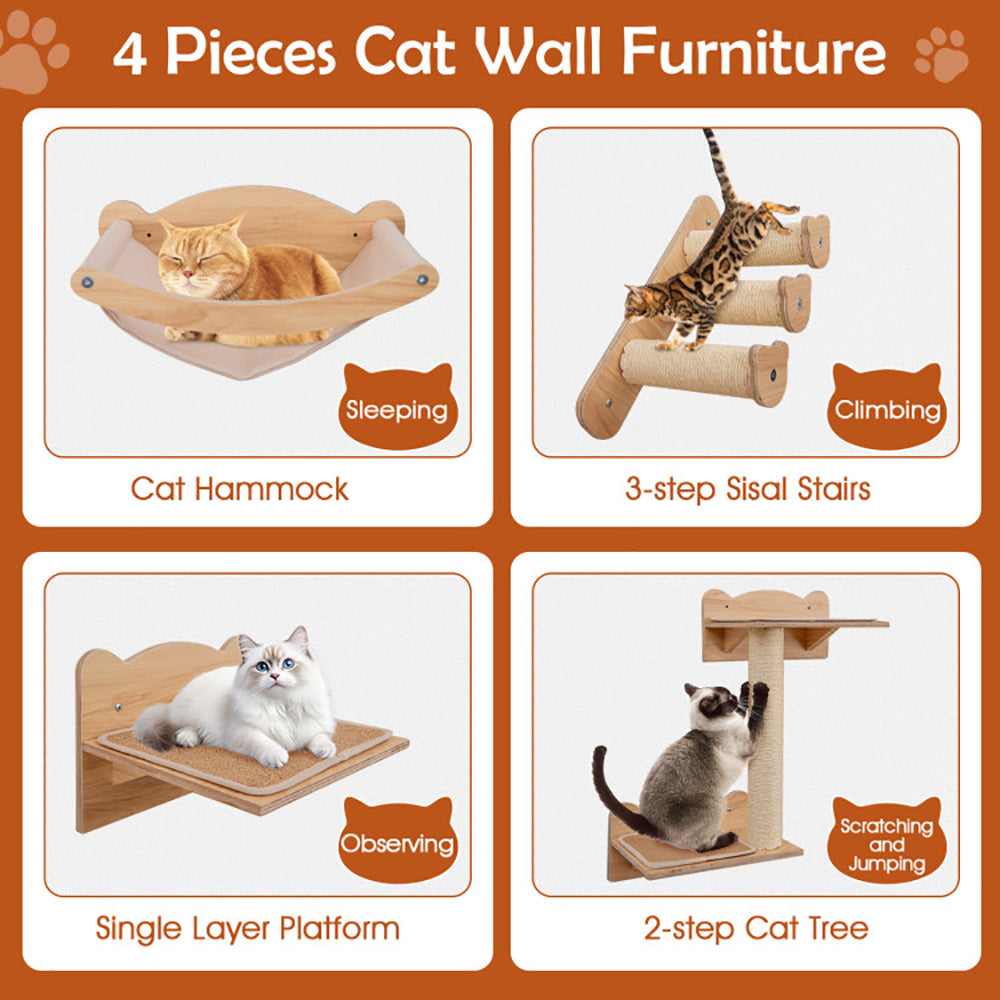 Wall-Mounted Cat Furniture Set of 4 with Hammock and Climbing Steps - Natural