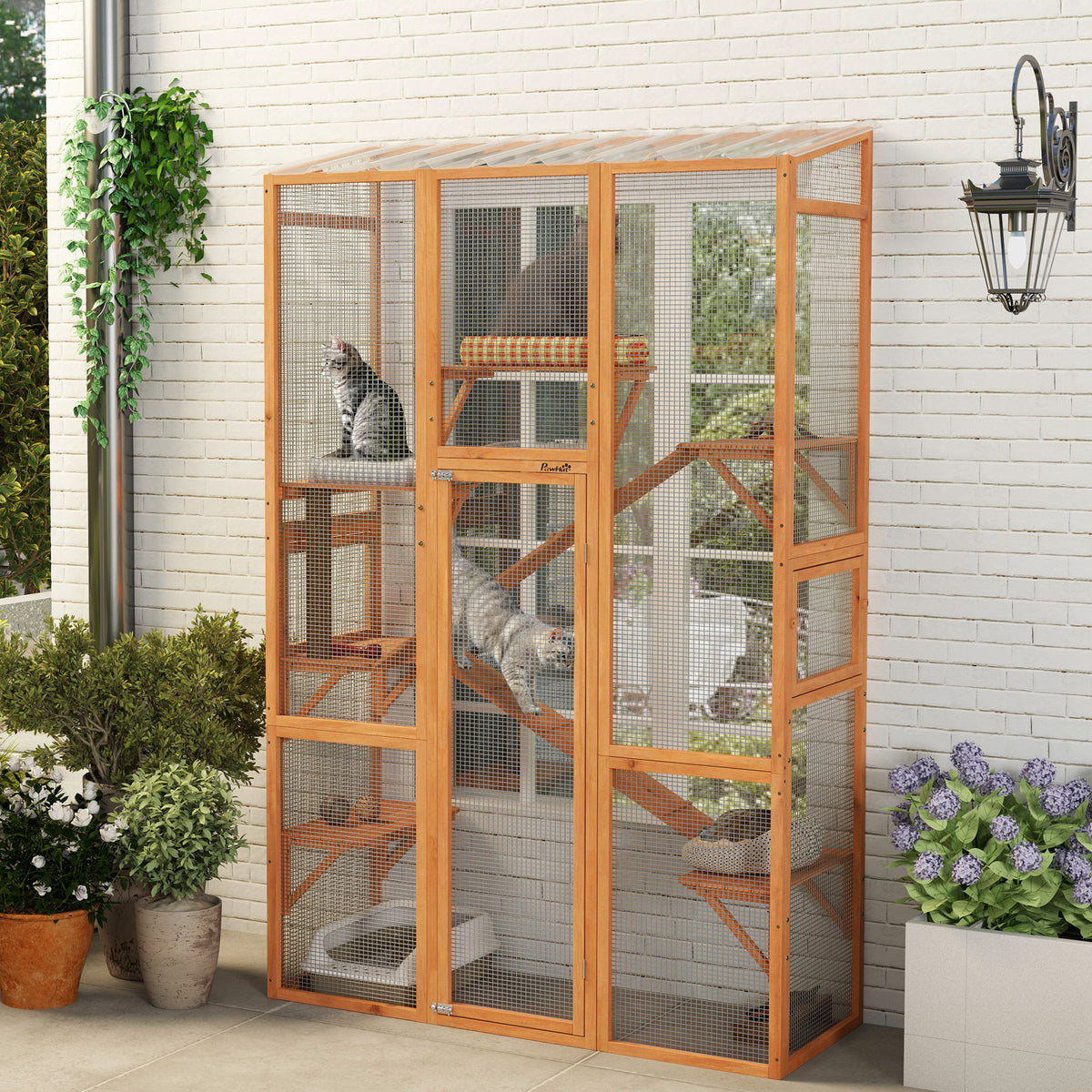 Large Outdoor Wooden Cat Enclosure with Platforms, Ramps & Scratching Post