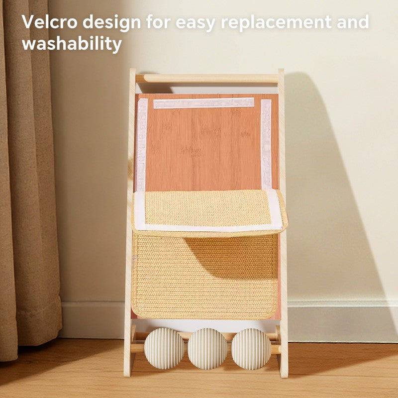 Vertical Sisal Cat Scratcher Post with Balls & Wooden Frame - Claw Care Toy
