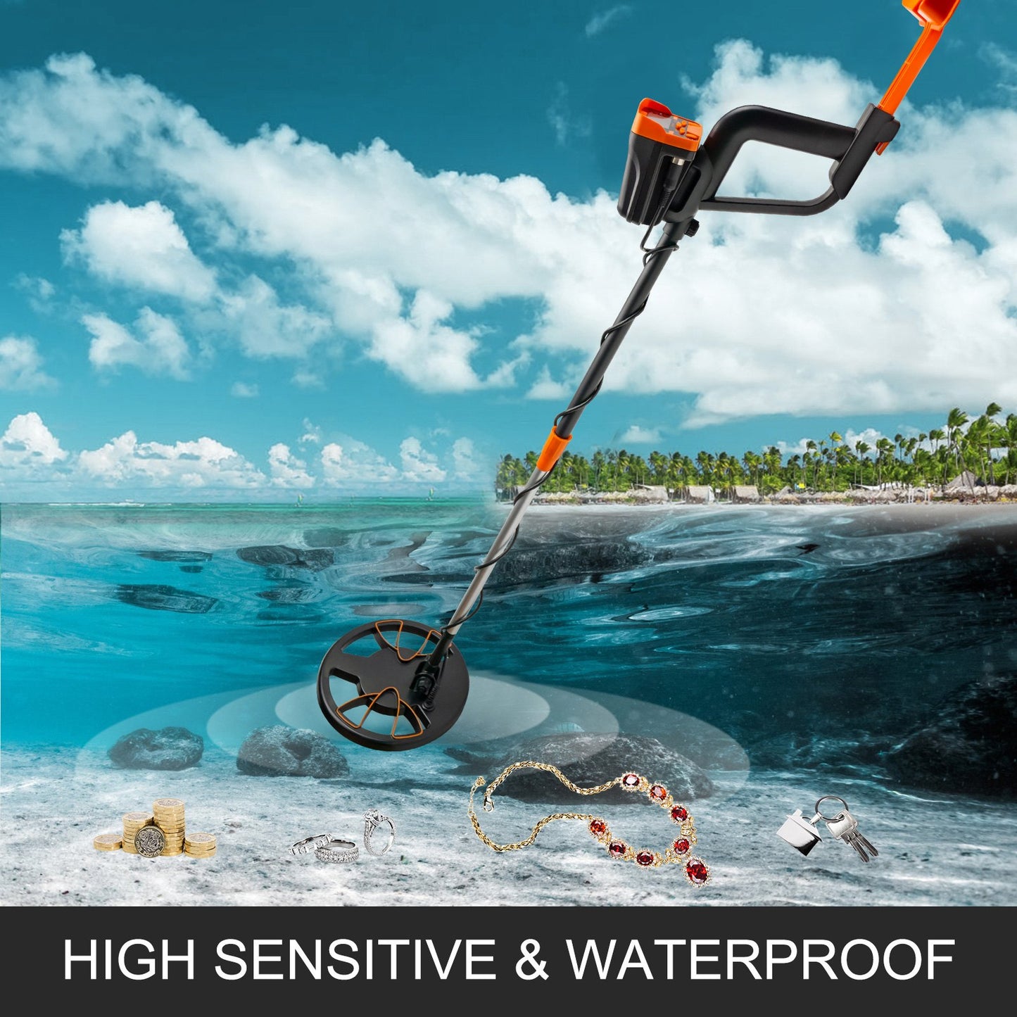 Waterproof Metal Detector for Underwater & Ground Search - LCD Display, High Accuracy, Adjustable Length, Yellow