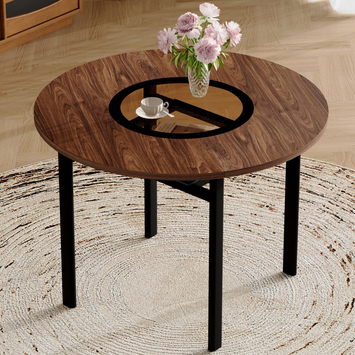 42 Inch Modern Minimalist Brown Wood Grain Round Dining Table