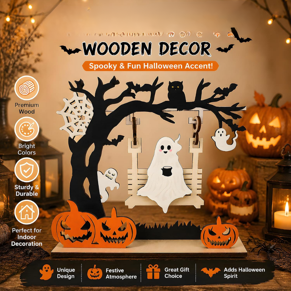 Halloween Ghost Pumpkin Wooden Centerpiece Decor - Black