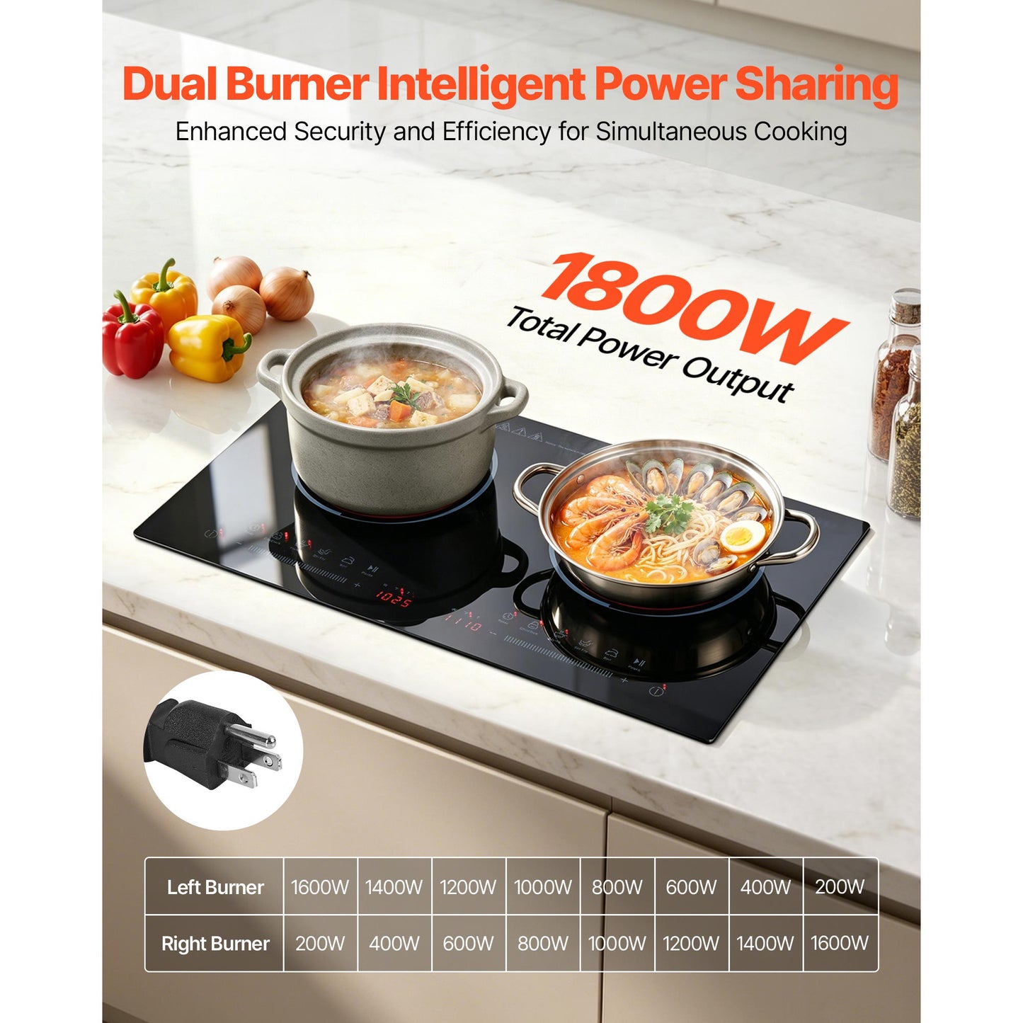 24-Inch Electric Cooktop with 2 Burners, 1800W Portable Stove, Touch Control, Timer & Safety Features