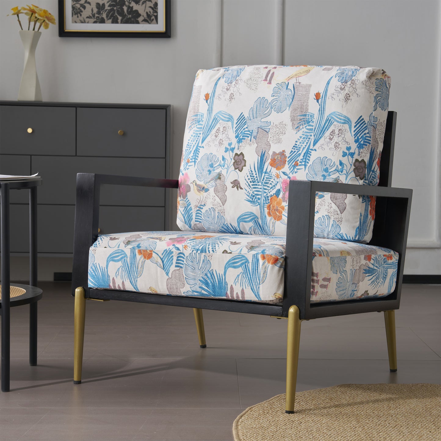 Floral Velvet Accent Chair with Solid Wood Frame - Blue