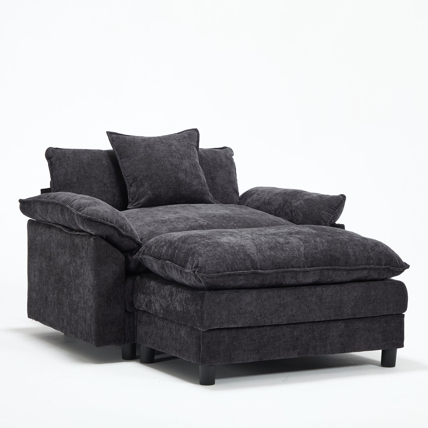 Modern Chenille Accent Chair with Ottoman - Black