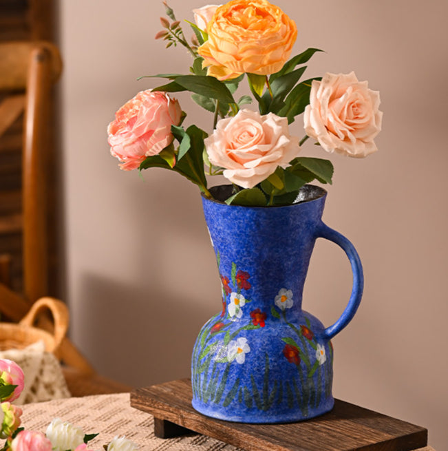 Hand-Painted Indigo Floral Ceramic Vase for Home Decor & Dining Table