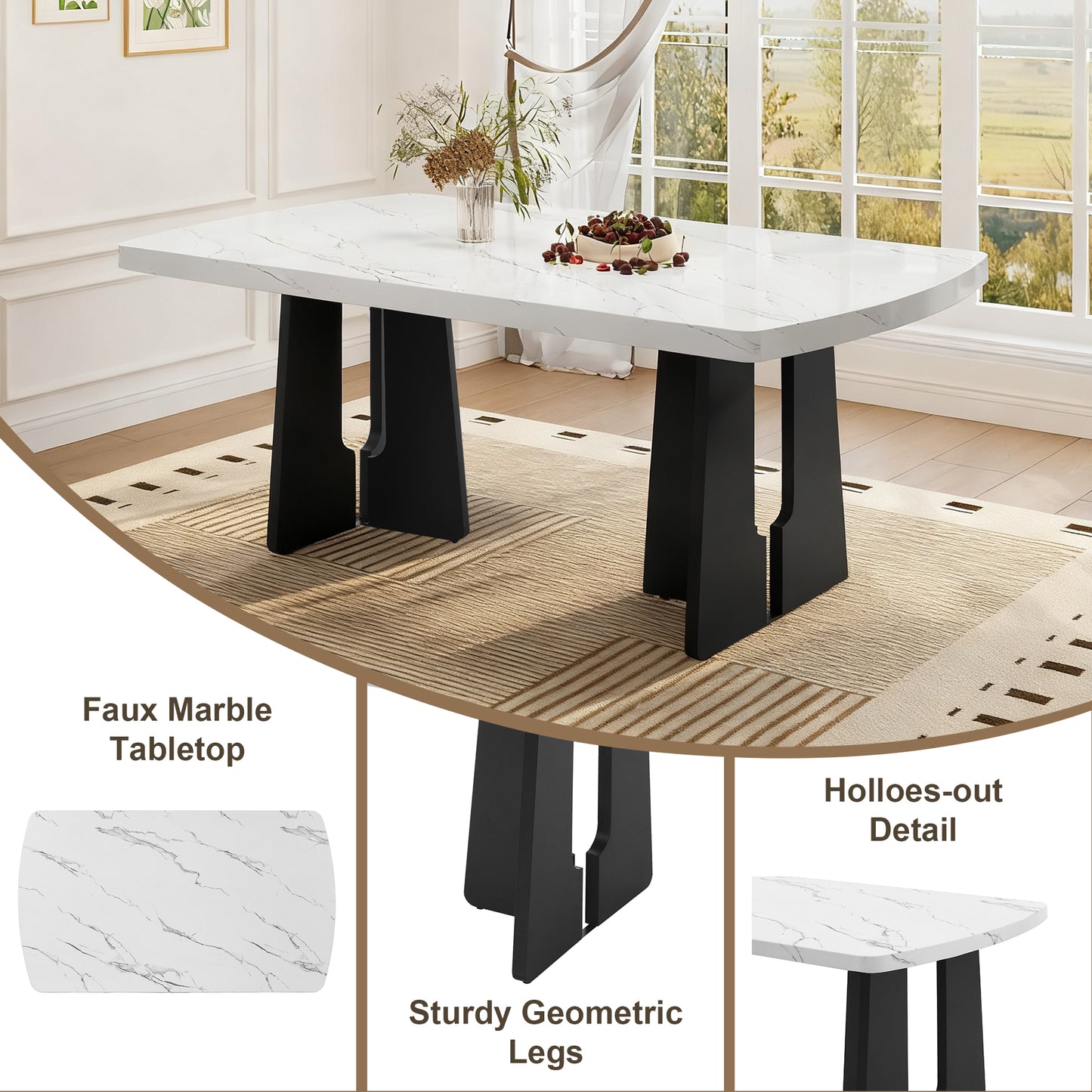 6 Piece Modern Dining Table Set, 63 Faux Marble With Geometric Legs &