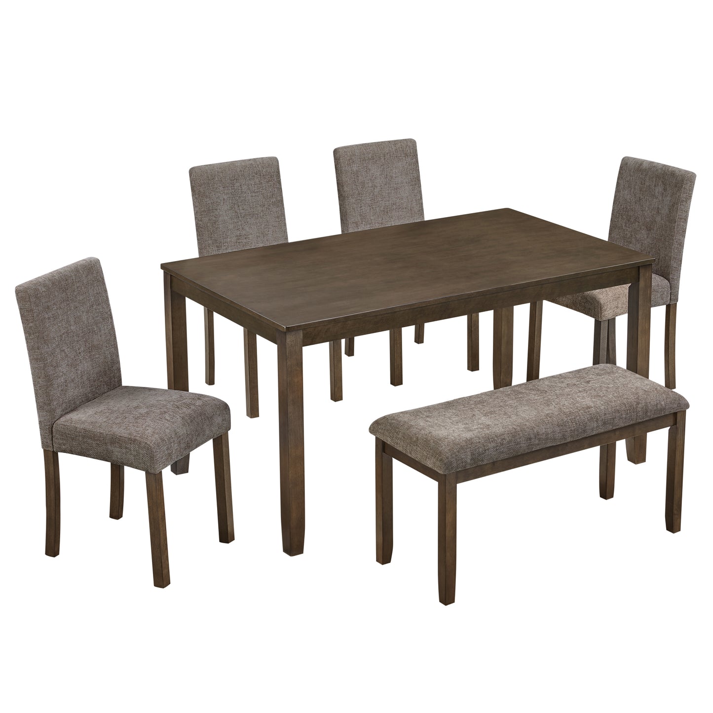 6-Person Wooden Dining Table Set with Bench - Walnut