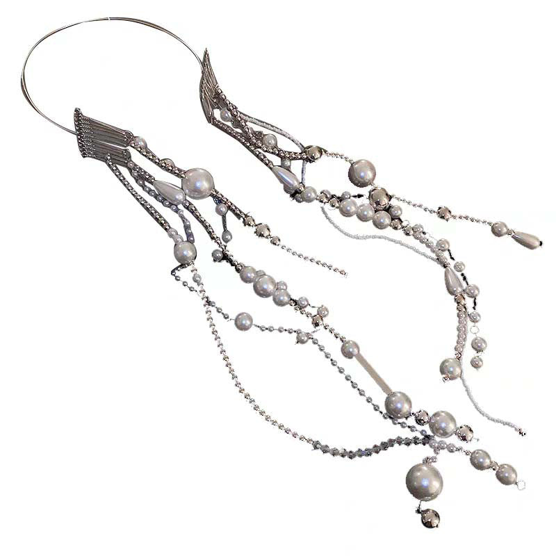 Pearl Crystal Bead Tassel Headband - Silver