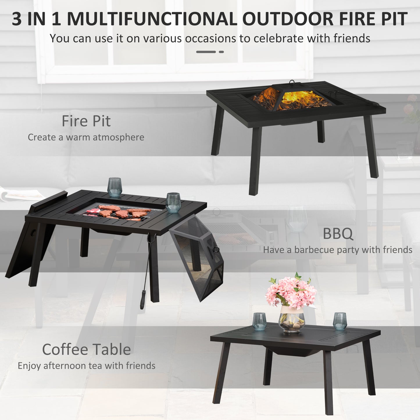 34" Black Outdoor Fire Pit with Grill, Cover & Poker