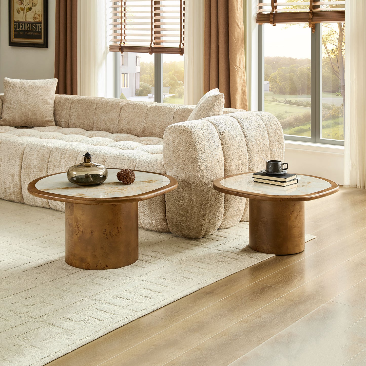 Irregular Coffee Table Set - 2 Piece Walnut MDF & Sintered Stone