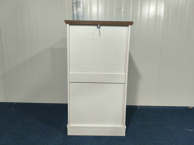 Tilt-Out Trash Cabinet - Freestanding Wood Recycling Bin with Drawer, Antique Brown & White