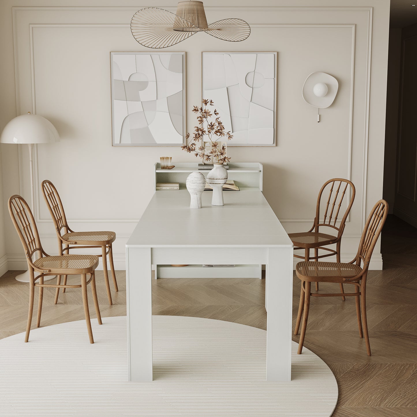 Modern White Extendable Dining Table with Storage