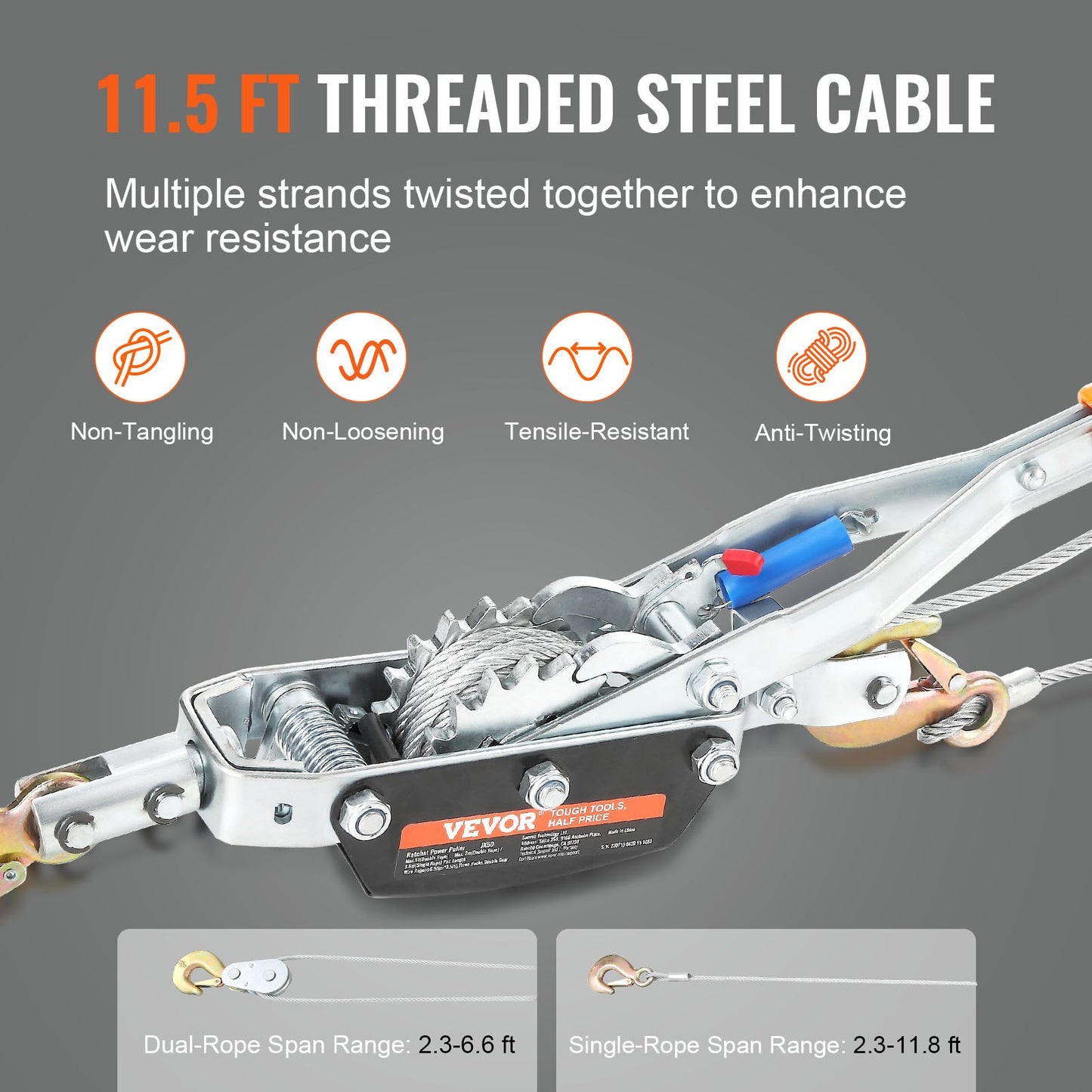 Heavy Duty 5 Ton Winch with Steel Cable and Dual Gear Ratchet for Vehicle Rescue