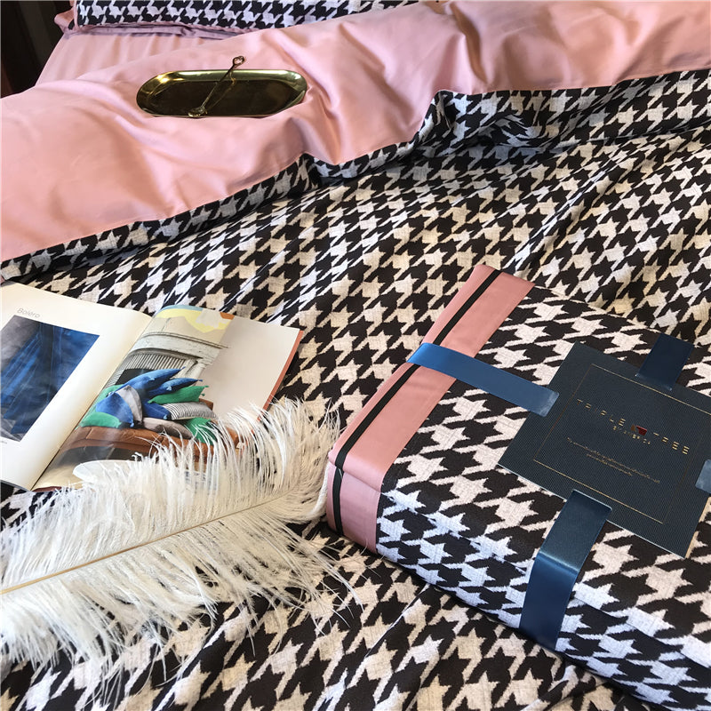 Princess Style Cotton Velvet Bedding Set - 4 Pieces, Pink Houndstooth, Multiple Sizes