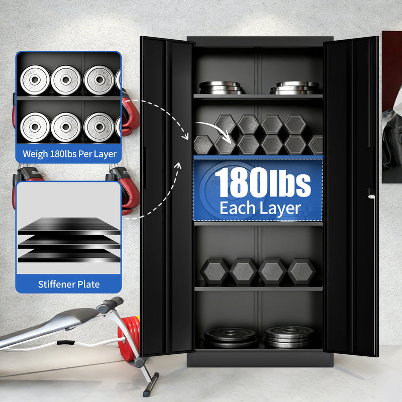 Heavy-Duty Black Steel Garage Storage Cabinet with Lock - 4 Shelves