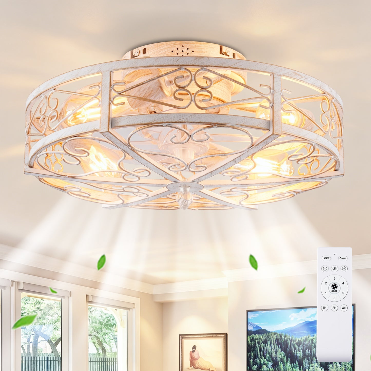 Caged Ceiling Fan with Lights and Remote Control - Reversible DC Motor, 6-Speed, Timing, Antique Bronze, Retro White