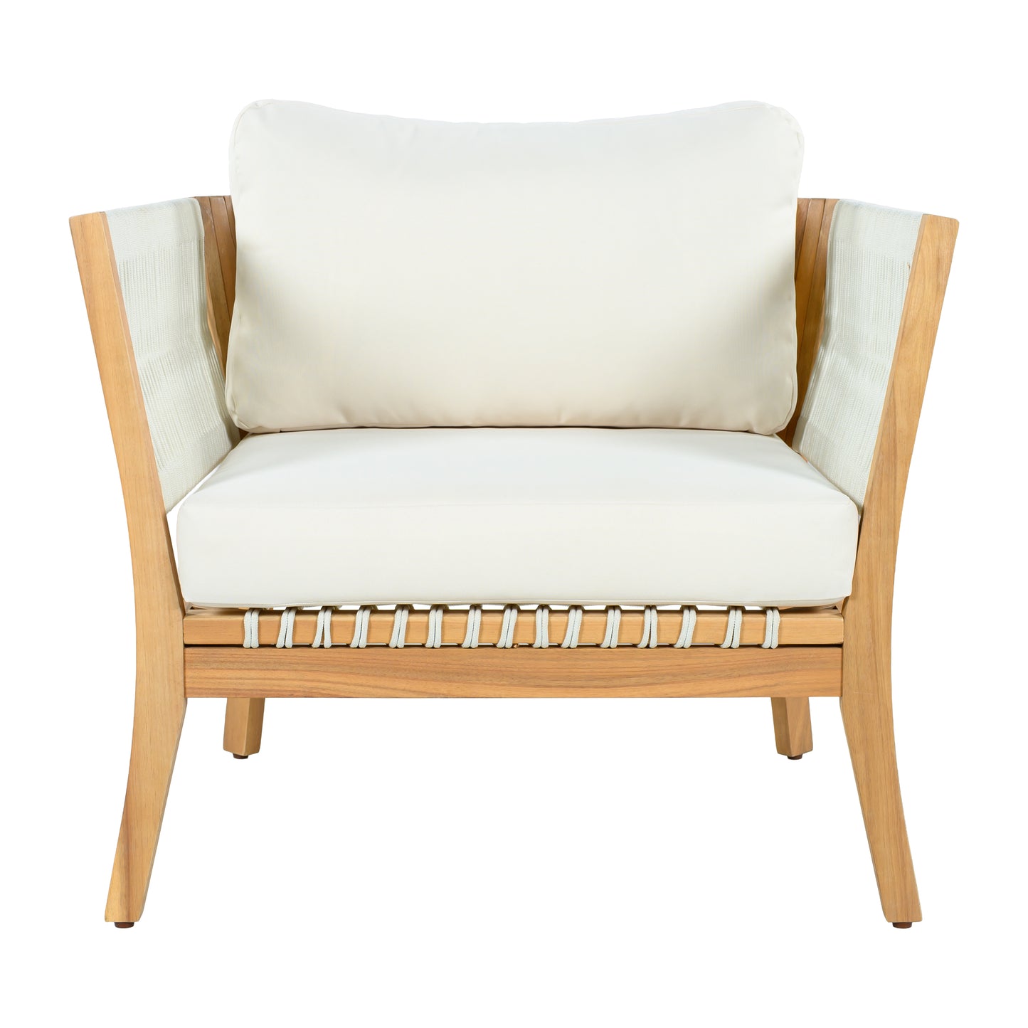 Outdoor Acacia Wood Lounge Chair with Thick Cushions - Natural/Beige
