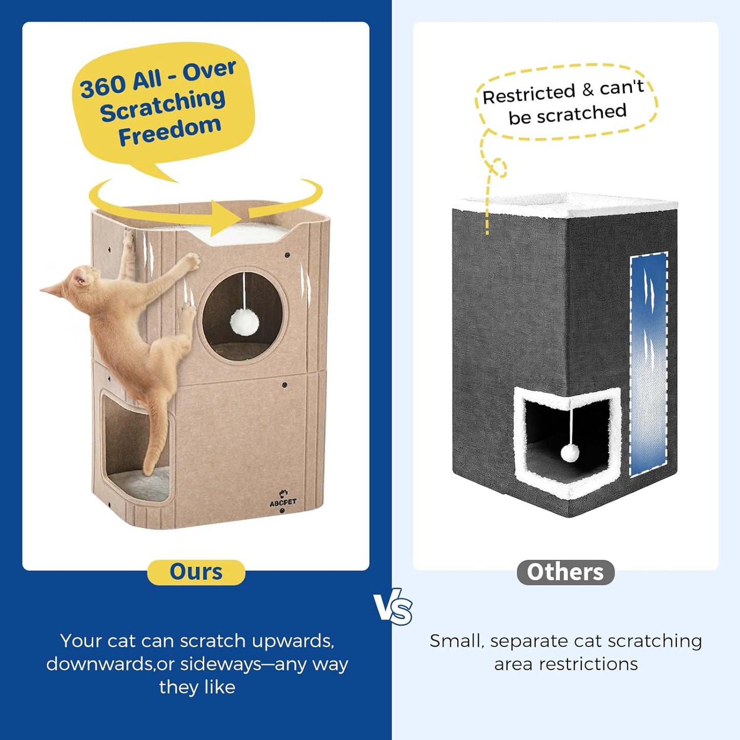 Indoor Felt Cat House with Scratch-Resistant Cube & Hanging Ball - Light Gray