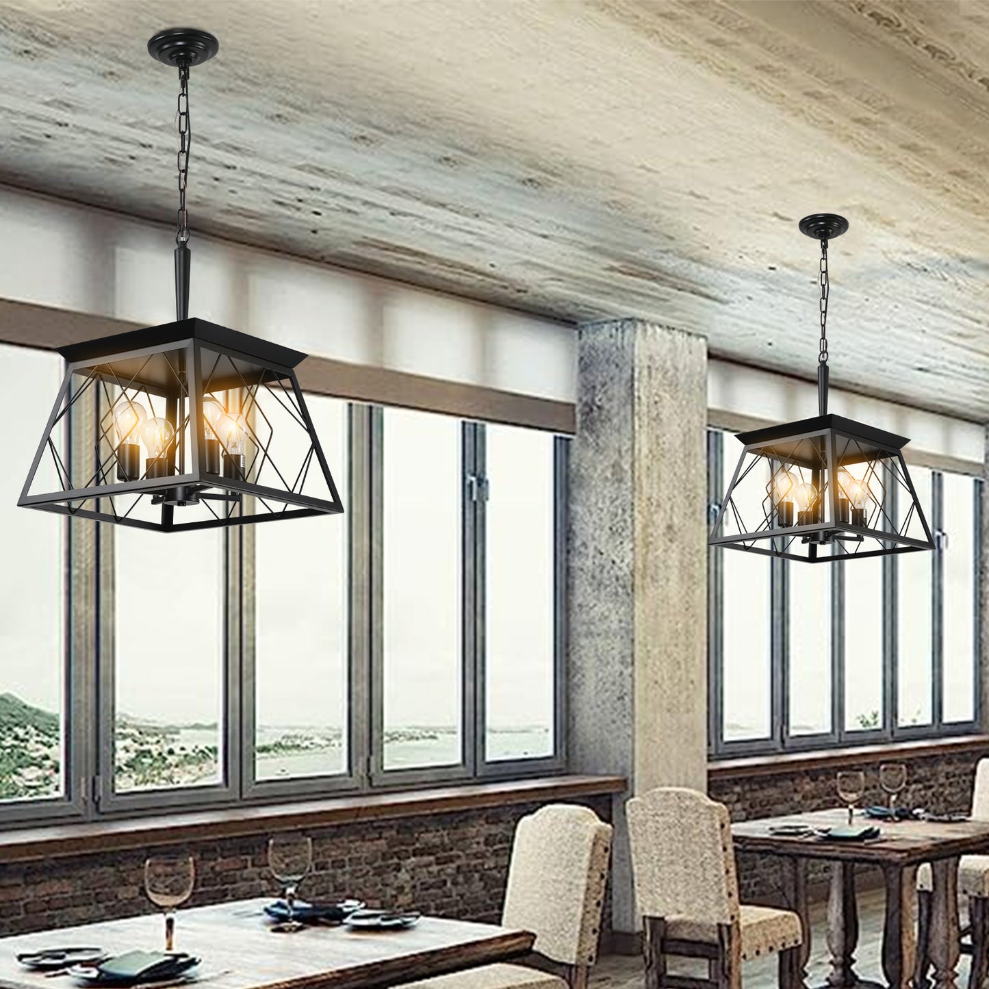 16-Inch Black Industrial 4-Light Pendant Chandelier - Adjustable