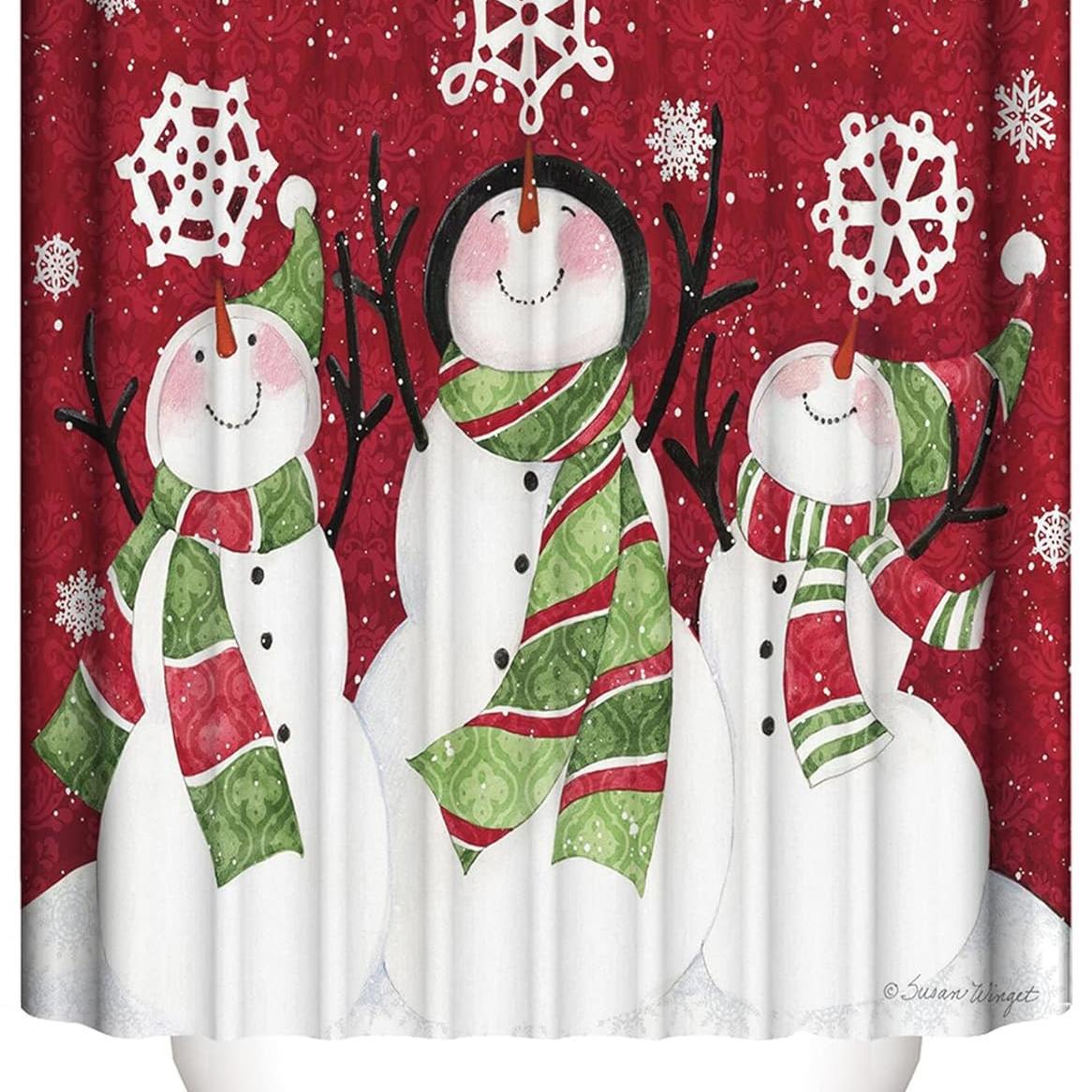 Christmas Shower Curtain Set with Non-slip Bath Mat and Toilet Lid Cover - Snowman Snowflake Decor