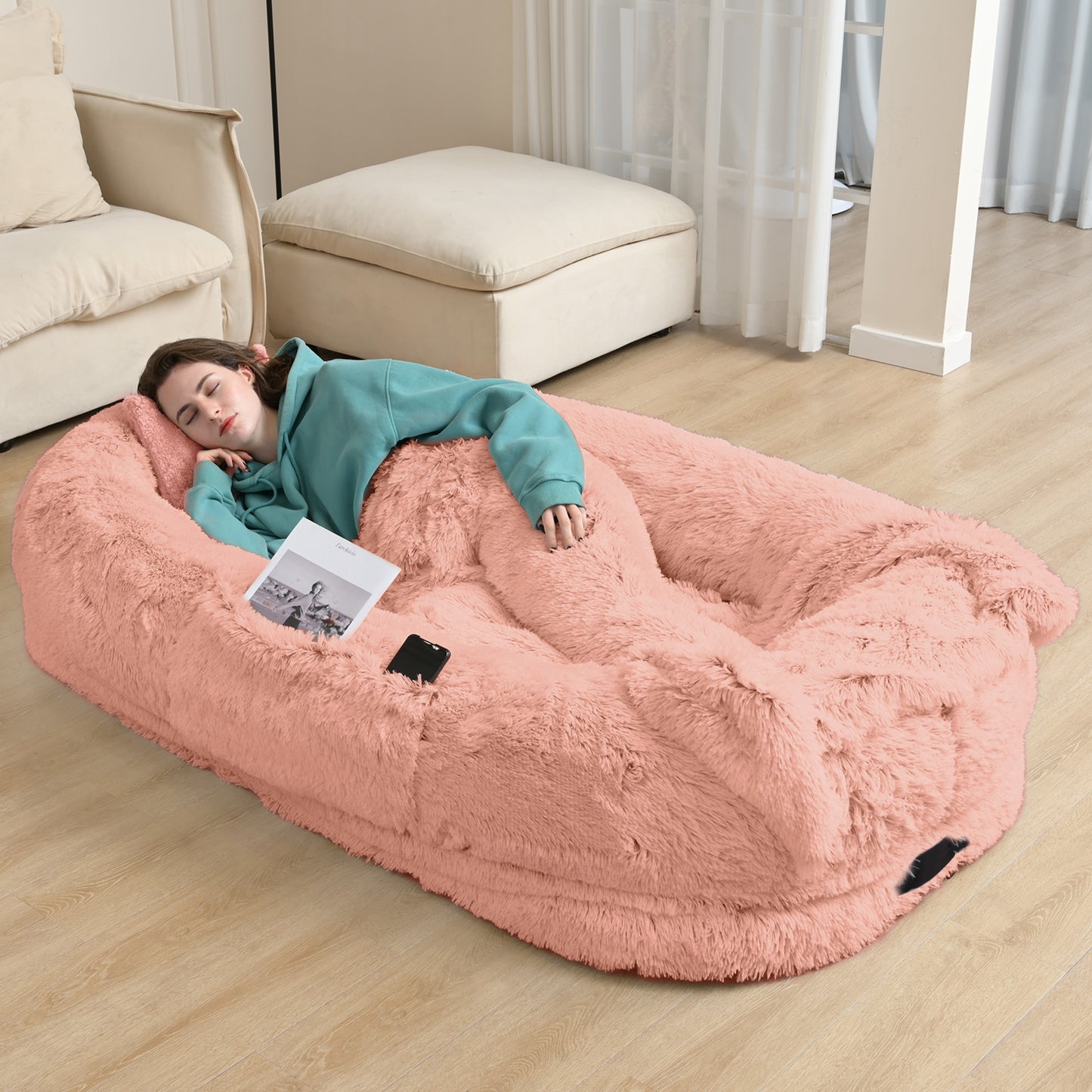 Oversized Human & Pet Dog Bed with Orthopedic Support - 71 x 45 Inch Faux Fur Lounger, Washable Cover, Pillow & Blanket Included