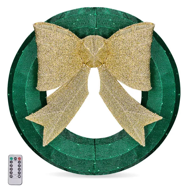 24-Inch Pre-Lit Outdoor Christmas Wreath with Golden Bow