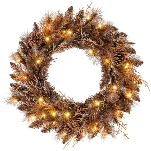 24" Pre-Lit Christmas Wreath with 35 Warm White LEDs and Pine Cones