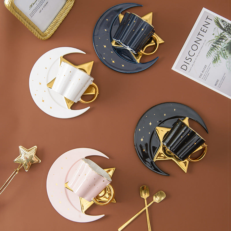 Ceramic Cup Set with Star and Moon Saucer - 4 Colors