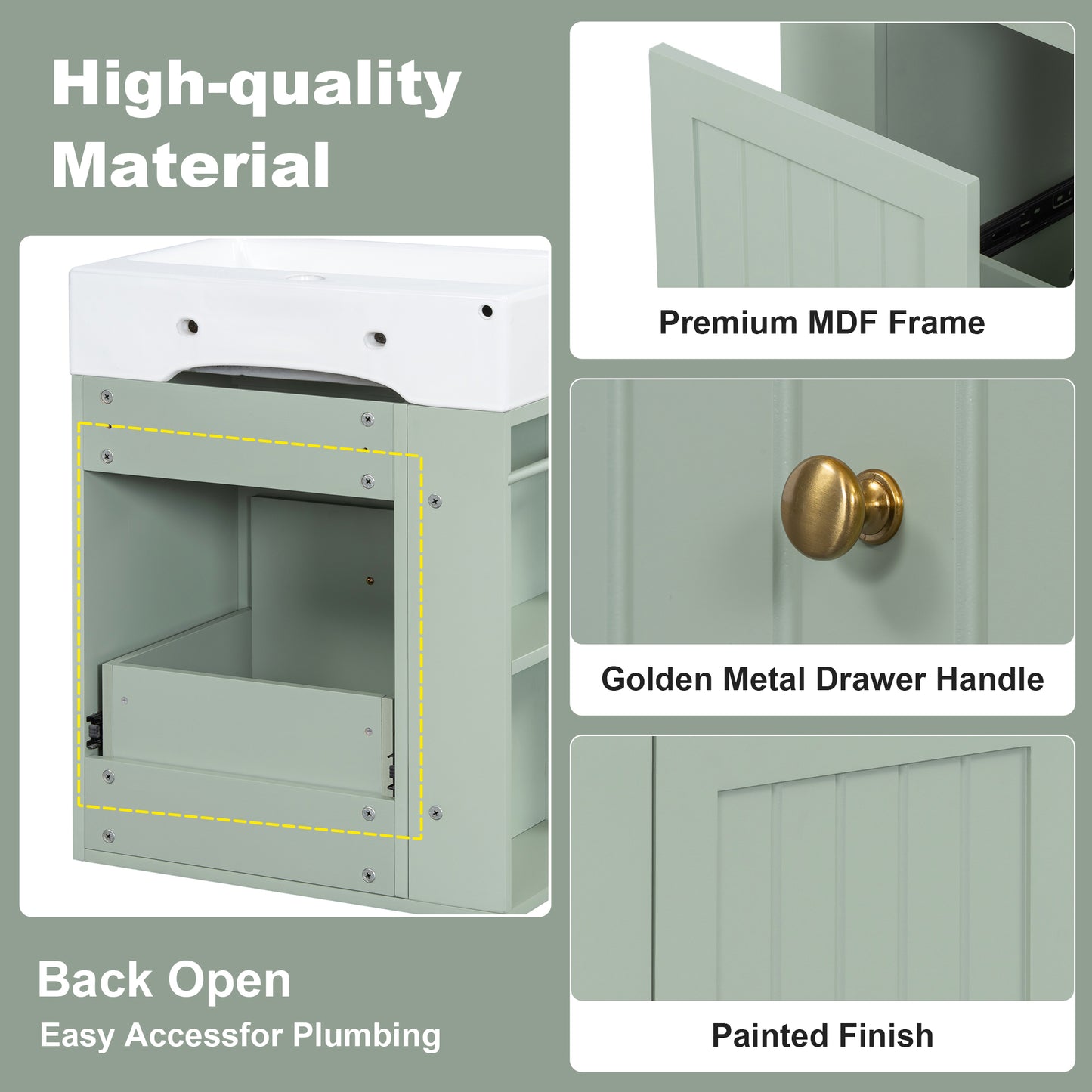 20-Inch Green Bathroom Vanity with Ceramic Sink & Storage