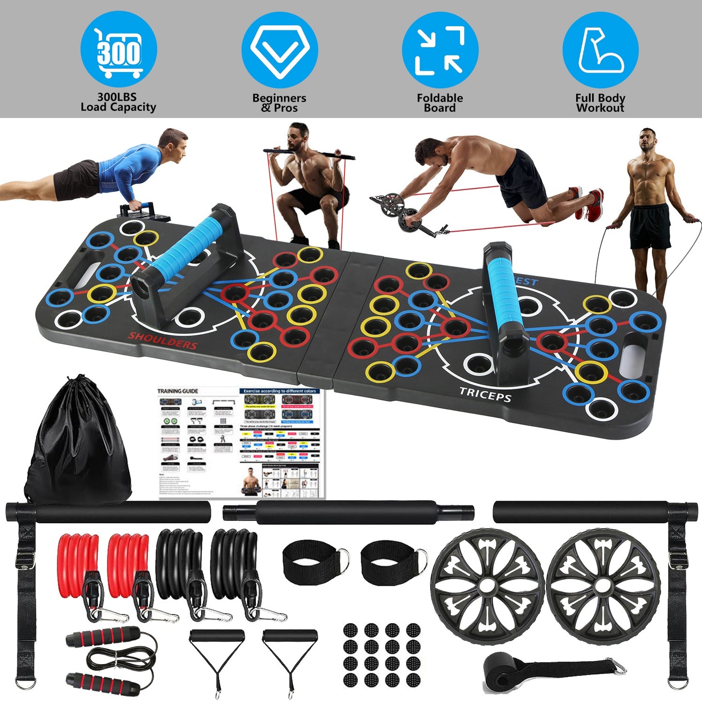 Multifunctional Push Up Board with 15 Fitness Accessories - Black