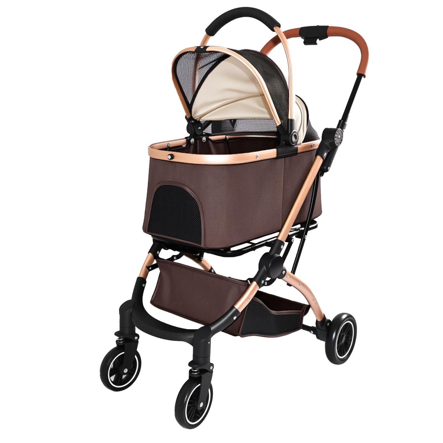 Pet Stroller for Dogs Cats 2-in-1 Foldable Sun Canopy Travel Carrier Khaki