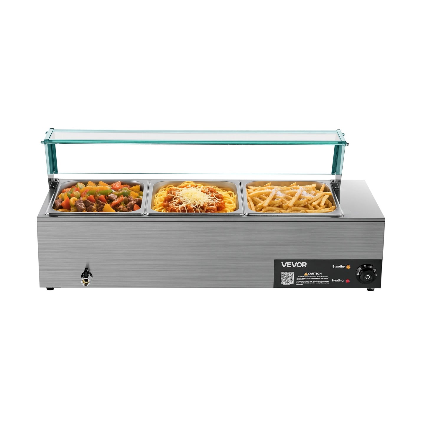 Commercial Food Warmer 3-Pan Buffet Bain Marie 1500W with Glass Cover - Silver