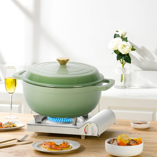 6QT Cast Iron Enameled Pot with Silicone Gloves - Gradient Green