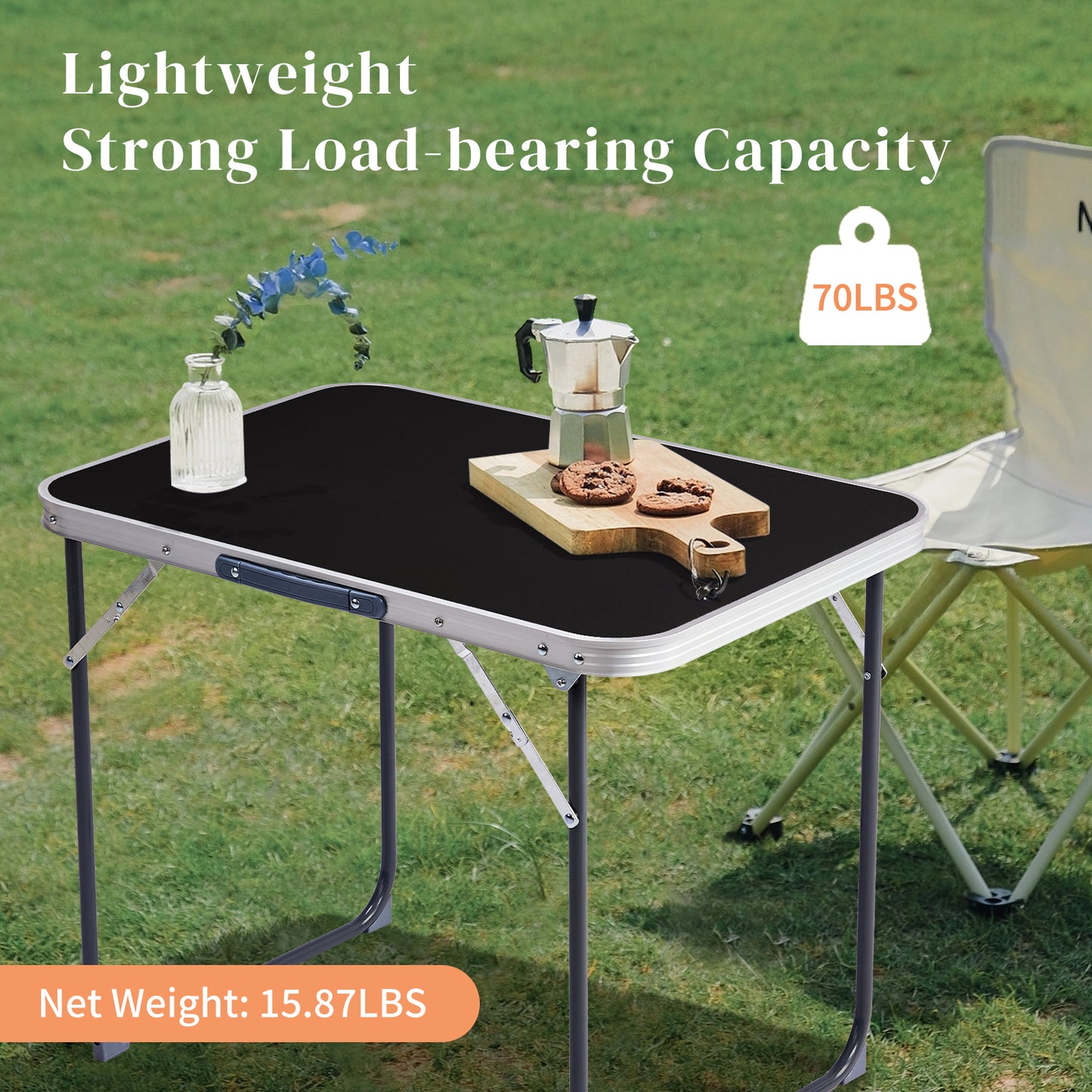 2.3ft Black Aluminum Folding Table - Lightweight & Durable